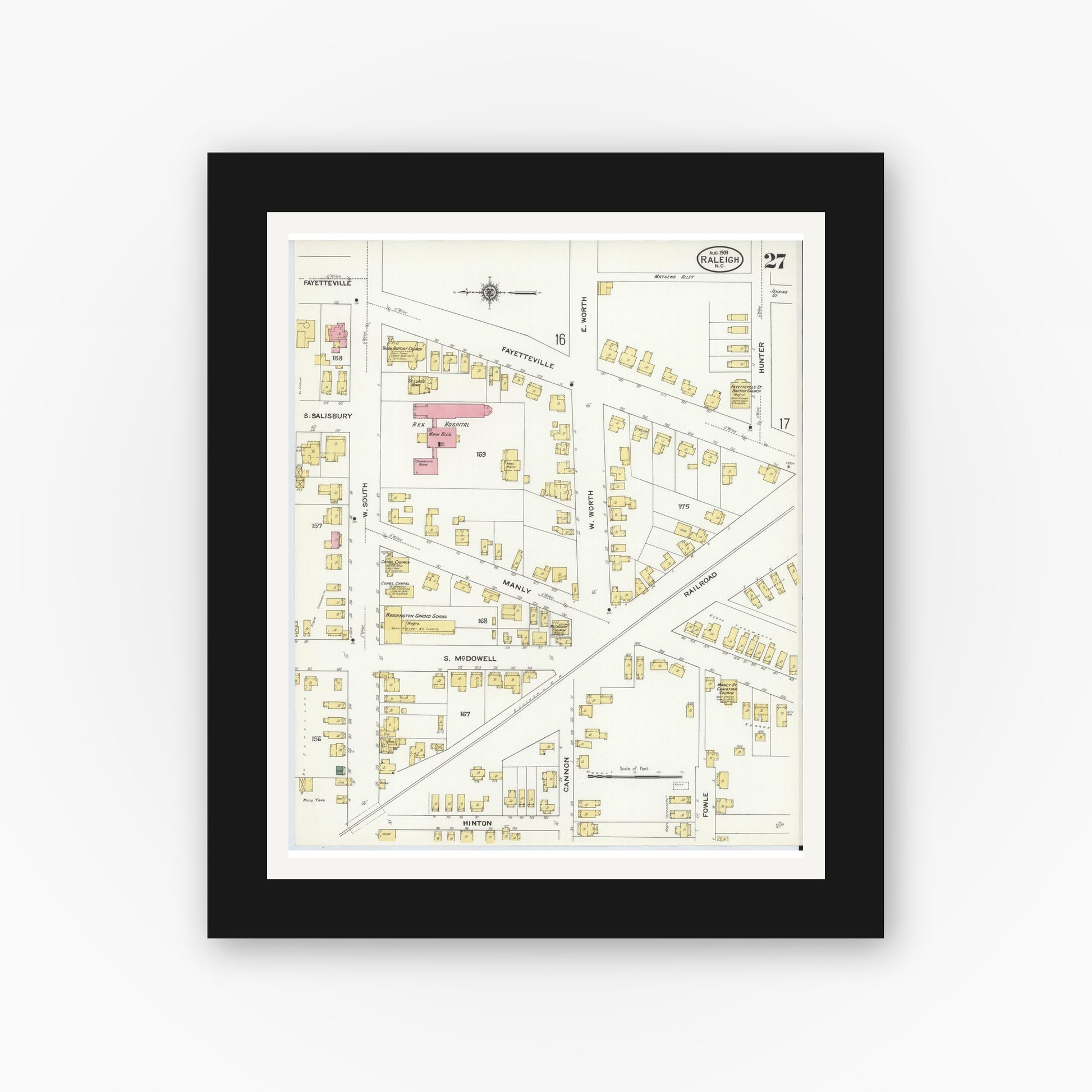 Old map wall art mockup — black gallery frame with white mat — Sanborn Fire Insurance Map from Raleigh, Wake County, North Carolina (1909), Sheet #0027