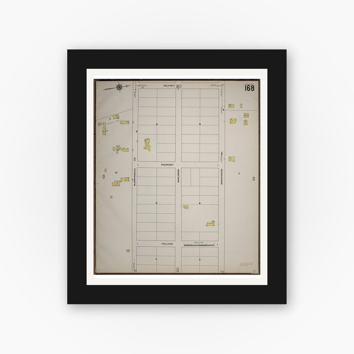 Old map wall art mockup — black gallery frame with white mat — Sanborn Fire Insurance Map from Worcester, Worcester County, Massachusetts (1910), Sheet #0168