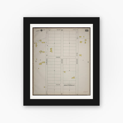 Old map wall art mockup — black gallery frame with white mat — Sanborn Fire Insurance Map from Worcester, Worcester County, Massachusetts (1910), Sheet #0168
