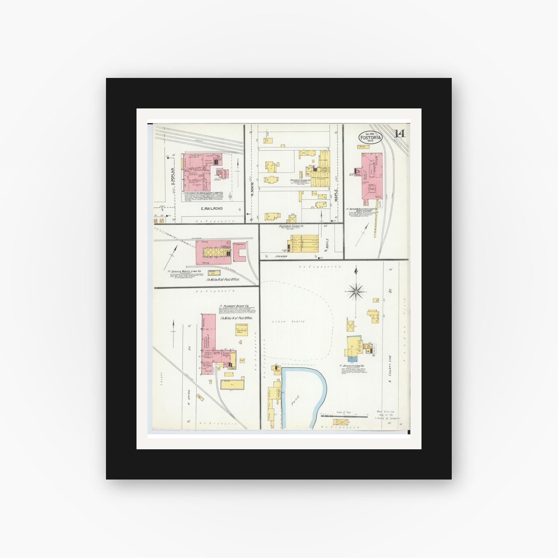 Old map wall art mockup — black gallery frame with white mat — Sanborn Fire Insurance Map from Fostoria, Seneca, Hancock, And Wood Counties, Ohio (1901), Sheet #0014