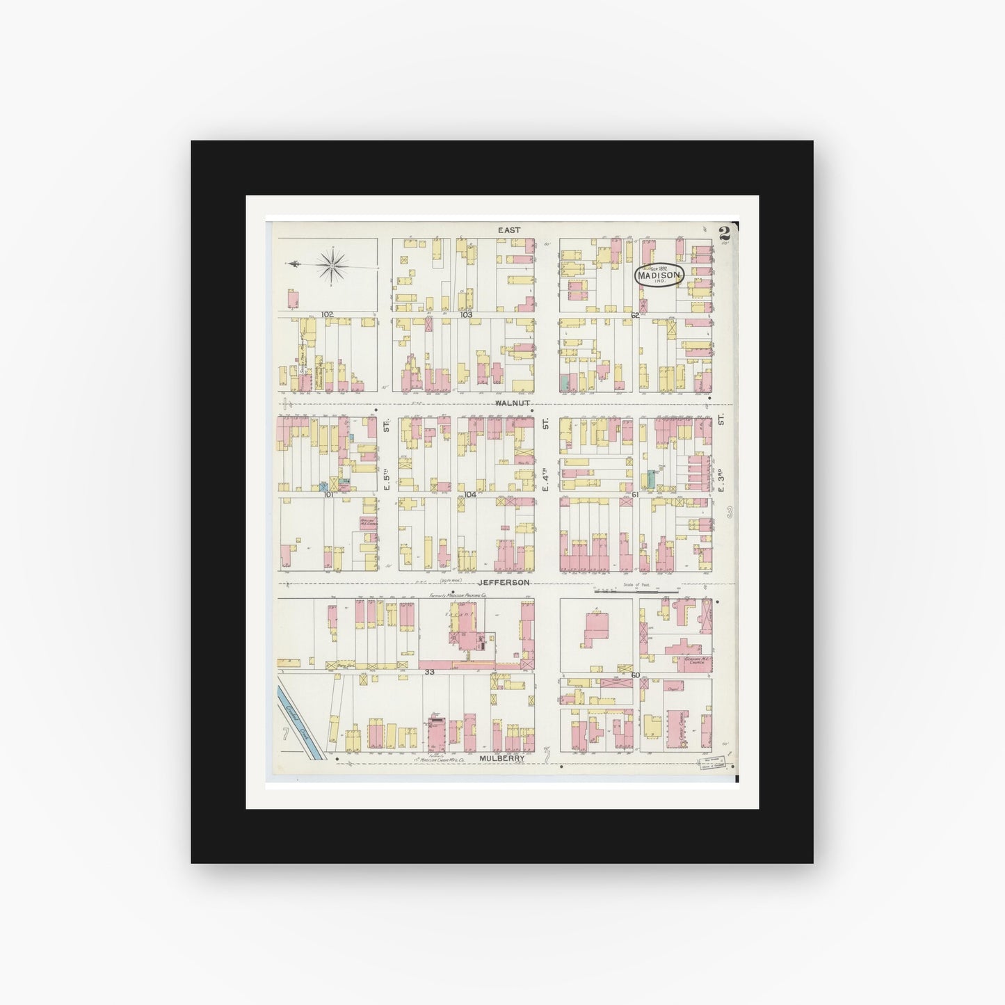 Old map wall art mockup — black gallery frame with white mat — Sanborn Fire Insurance Map from Madison, Jefferson County, Indiana (1892), Sheet #0002