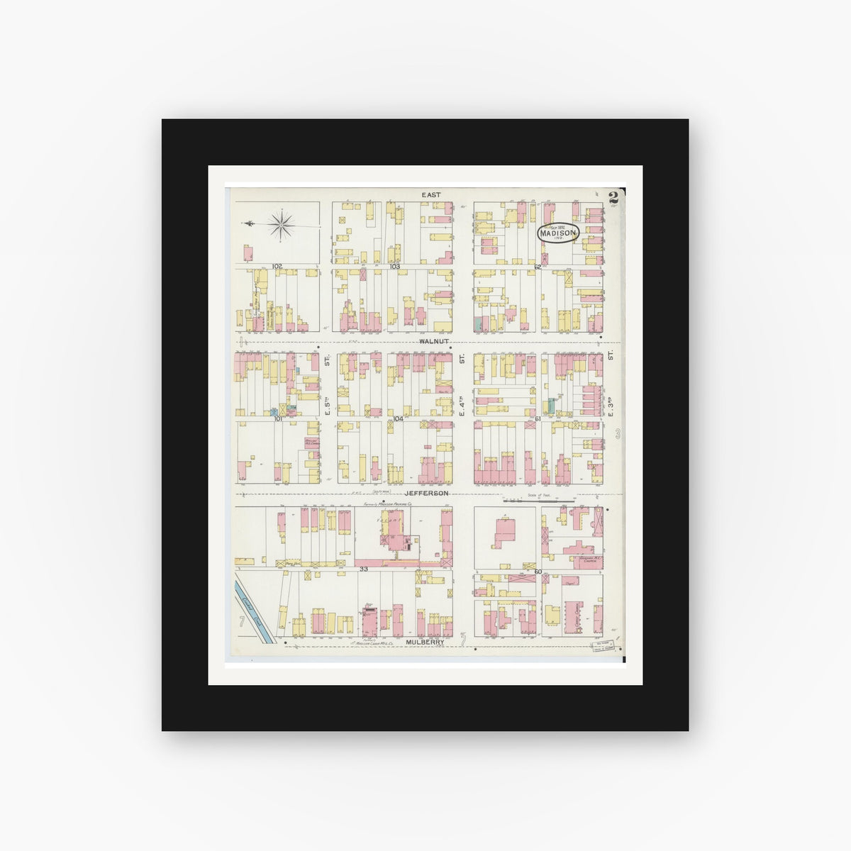 Old map wall art mockup — black gallery frame with white mat — Sanborn Fire Insurance Map from Madison, Jefferson County, Indiana (1892), Sheet #0002