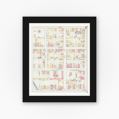 Old map wall art mockup — black gallery frame with white mat — Sanborn Fire Insurance Map from Madison, Jefferson County, Indiana (1892), Sheet #0002