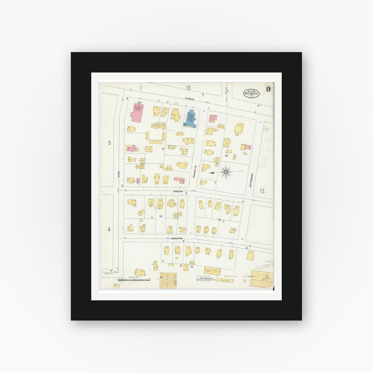 Old map wall art mockup — black gallery frame with white mat — Sanborn Fire Insurance Map from Newark, Wayne County, New York (1906), Sheet #0009