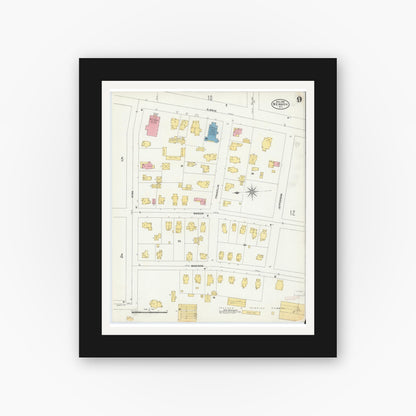 Old map wall art mockup — black gallery frame with white mat — Sanborn Fire Insurance Map from Newark, Wayne County, New York (1906), Sheet #0009