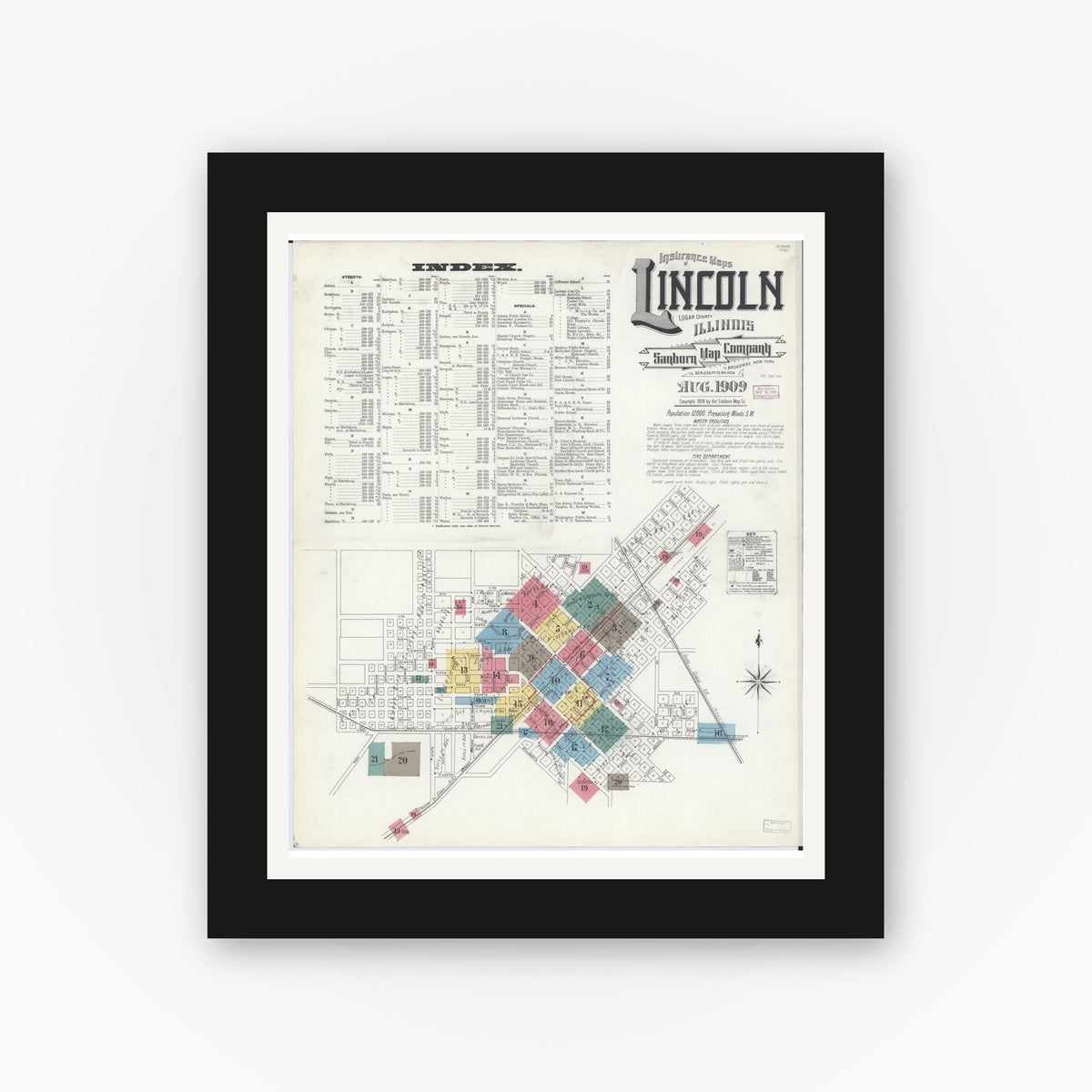 Old map wall art mockup — black gallery frame with white mat — Sanborn Fire Insurance Map from Lincoln, Logan County, Illinois (1909) - Complete Map Set