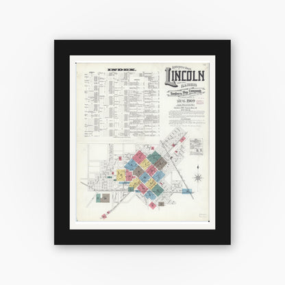 Old map wall art mockup — black gallery frame with white mat — Sanborn Fire Insurance Map from Lincoln, Logan County, Illinois (1909) - Complete Map Set