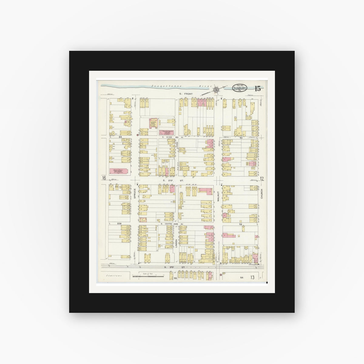 Old map wall art mockup — black gallery frame with white mat — Sanborn Fire Insurance Map from Sunbury, Northumberland County, Pennsylvania (1912), Sheet #0015