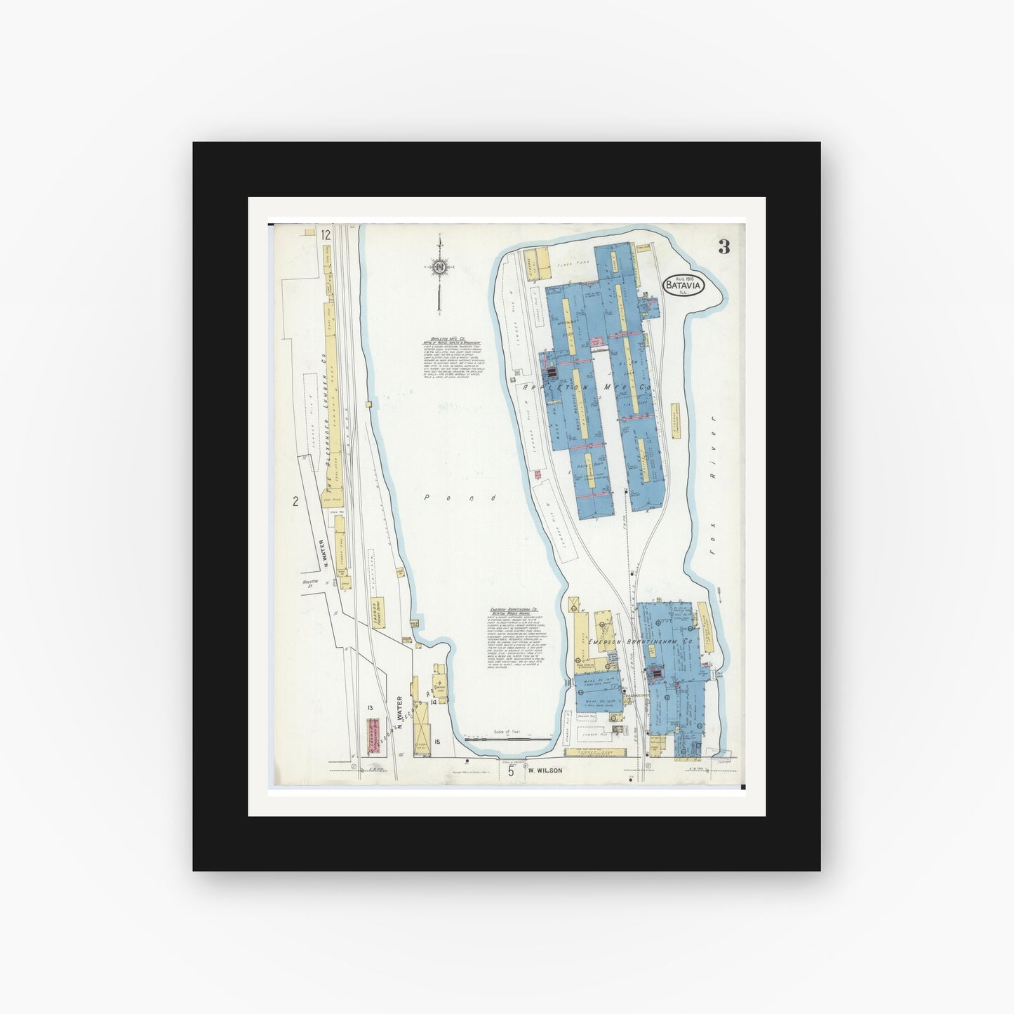 Old map wall art mockup — black gallery frame with white mat — Sanborn Fire Insurance Map from Batavia, Kane County, Illinois (1916), Sheet #0003