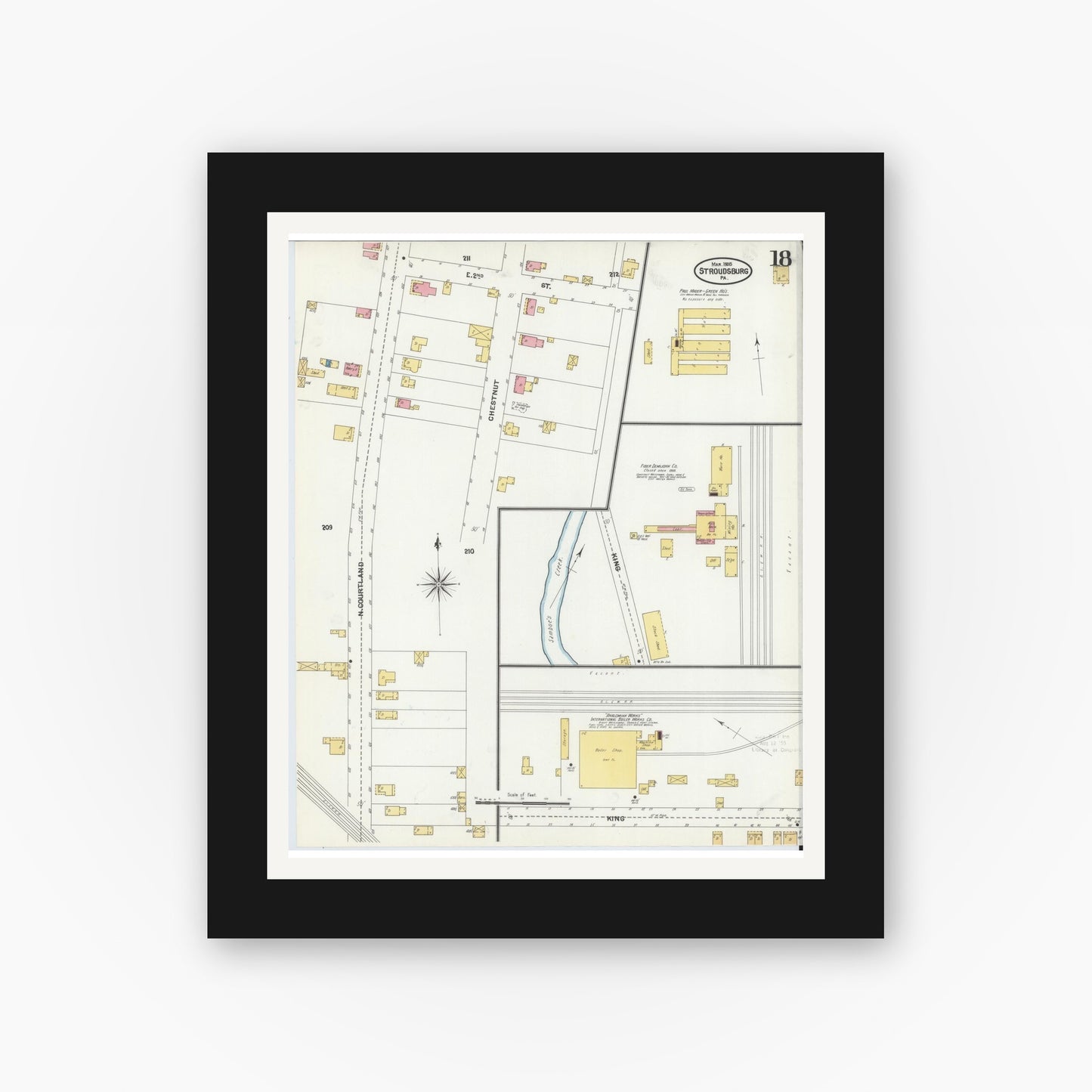 Old map wall art mockup — black gallery frame with white mat — Sanborn Fire Insurance Map from Stroudsburg, Monroe County, Pennsylvania (1905), Sheet #0018