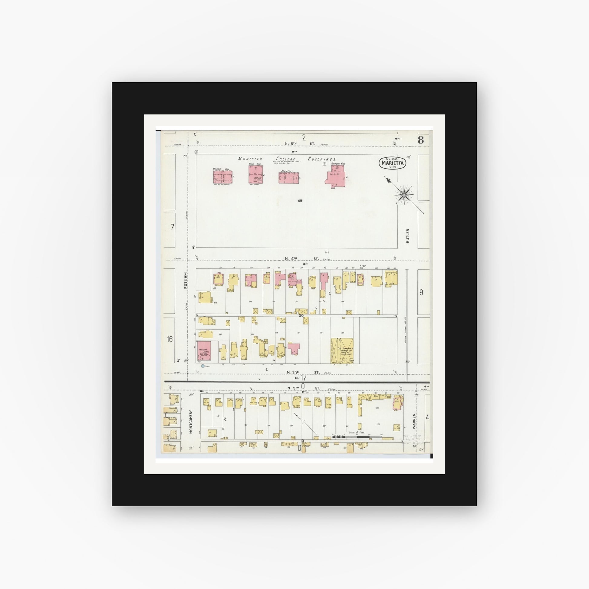 Old map wall art mockup — black gallery frame with white mat — Sanborn Fire Insurance Map from Marietta, Washington County, Ohio (1900), Sheet #0008