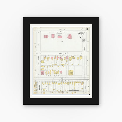 Old map wall art mockup — black gallery frame with white mat — Sanborn Fire Insurance Map from Marietta, Washington County, Ohio (1900), Sheet #0008