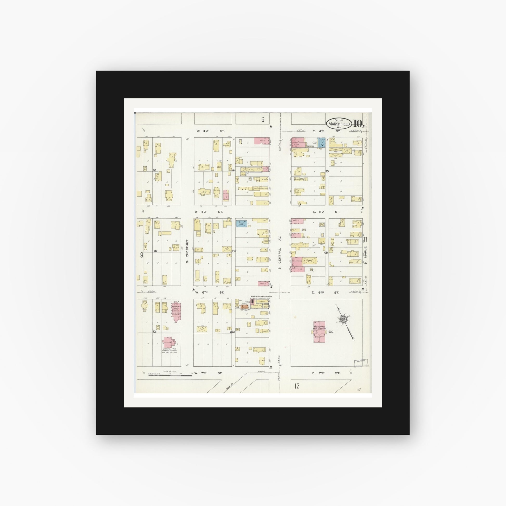 Old map wall art mockup — black gallery frame with white mat — Sanborn Fire Insurance Map from Marshfield, Wood County, Wisconsin (1912), Sheet #0010
