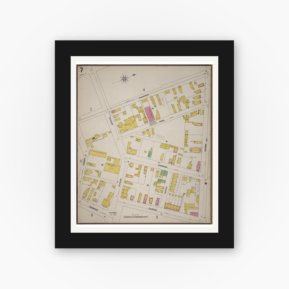Old map wall art mockup — black gallery frame with white mat — Sanborn Fire Insurance Map from Saratoga, Saratoga County, New York (1900), Sheet #0007