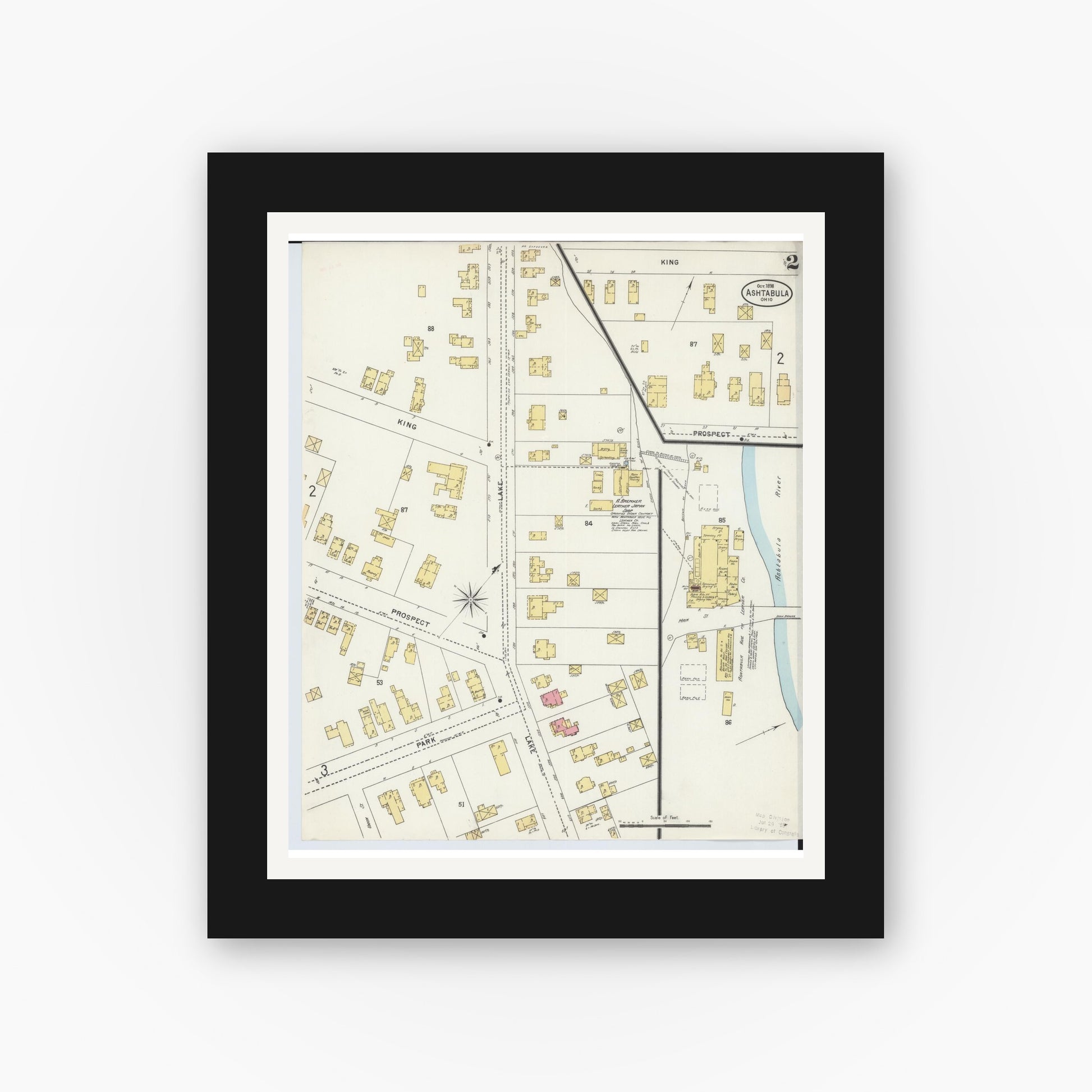 Old map wall art mockup — black gallery frame with white mat — Sanborn Fire Insurance Map from Ashtabula, Ashtabula County, Ohio (1898), Sheet #0002