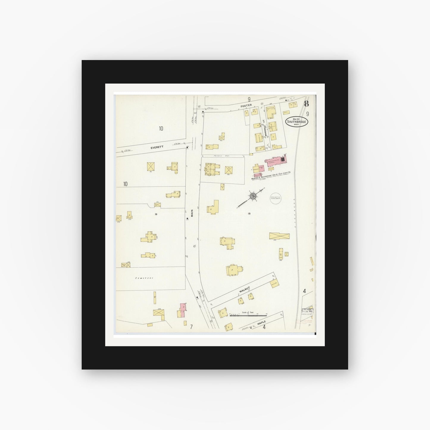 Old map wall art mockup — black gallery frame with white mat — Sanborn Fire Insurance Map from Southbridge, Worcester County, Massachusetts (1911), Sheet #0008