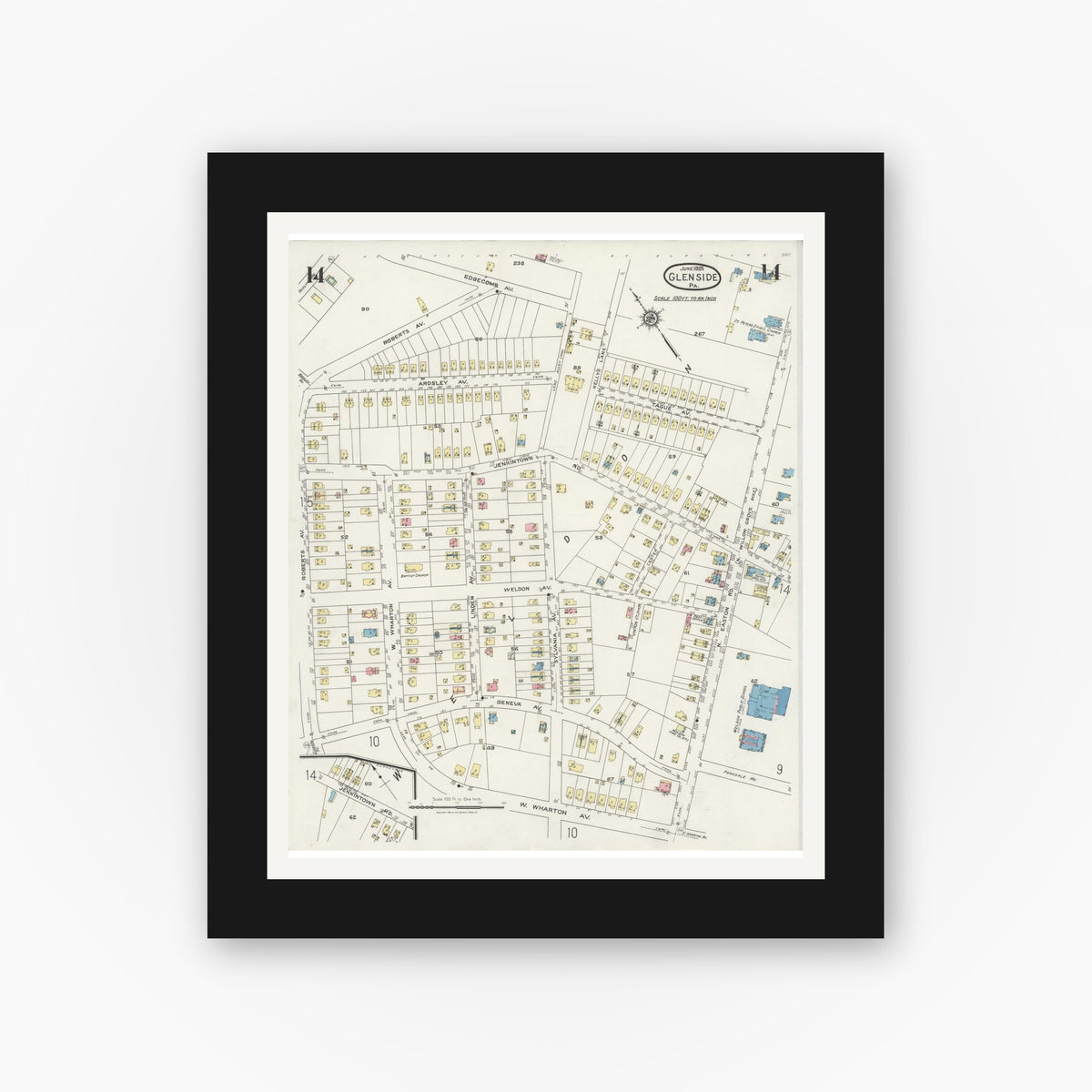 Old map wall art mockup — black gallery frame with white mat — Sanborn Fire Insurance Map from Glenside, Montgomery County, Pennsylvania (1925), Sheet #0014