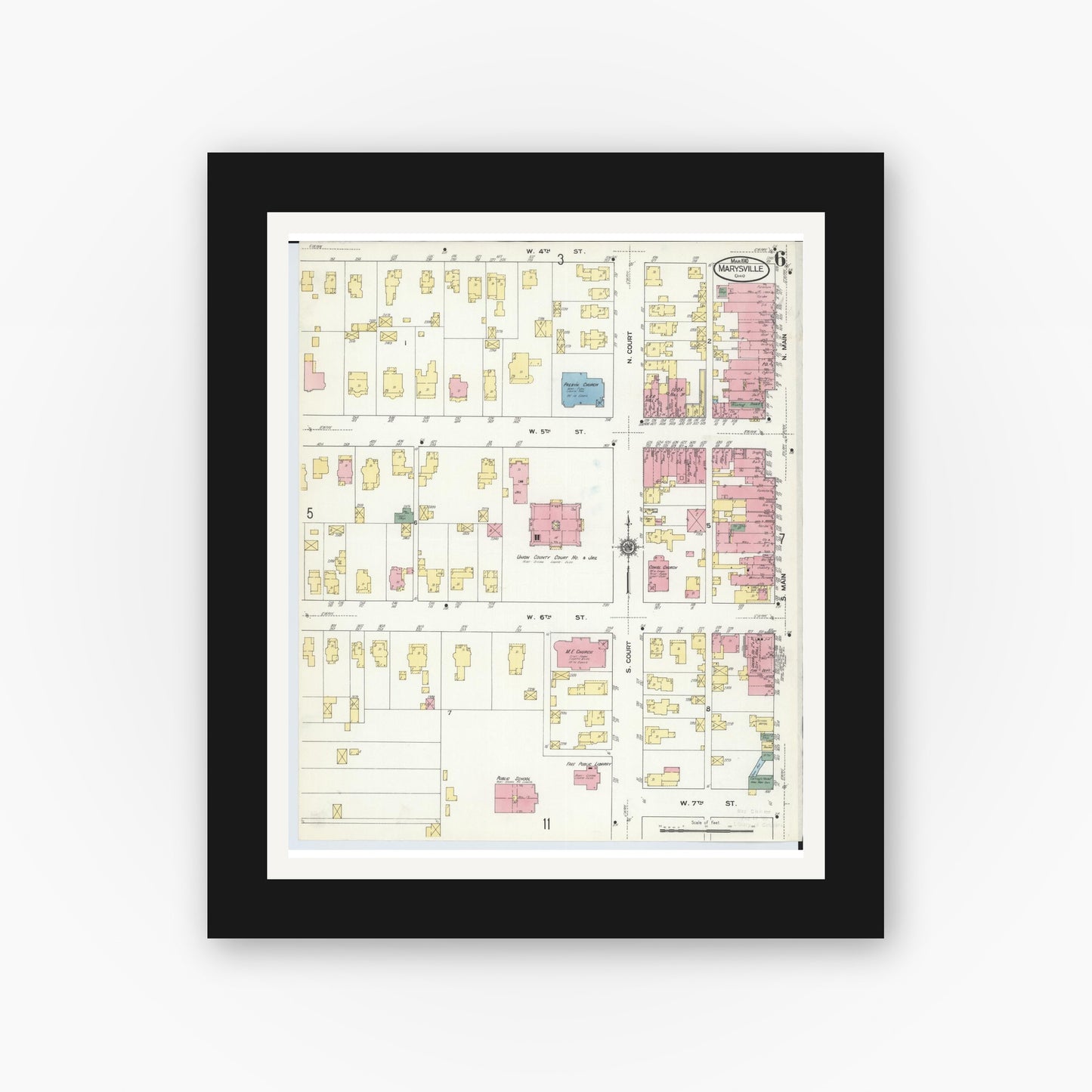 Old map wall art mockup — black gallery frame with white mat — Sanborn Fire Insurance Map from Marysville, Union County, Ohio (1910), Sheet #0006