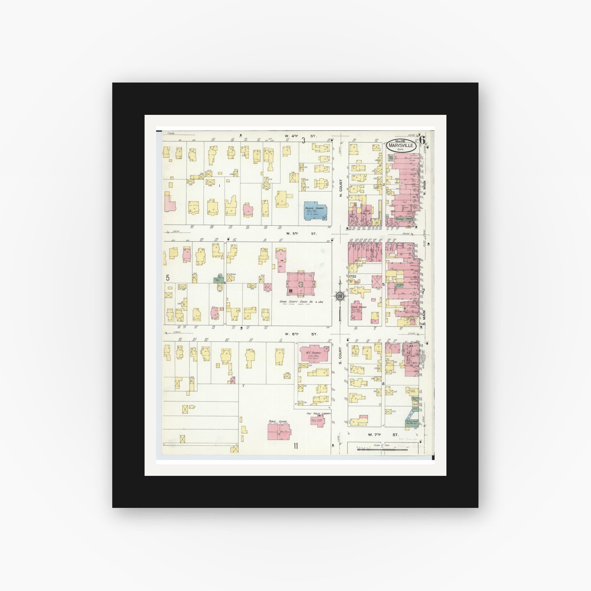 Old map wall art mockup — black gallery frame with white mat — Sanborn Fire Insurance Map from Marysville, Union County, Ohio (1910), Sheet #0006