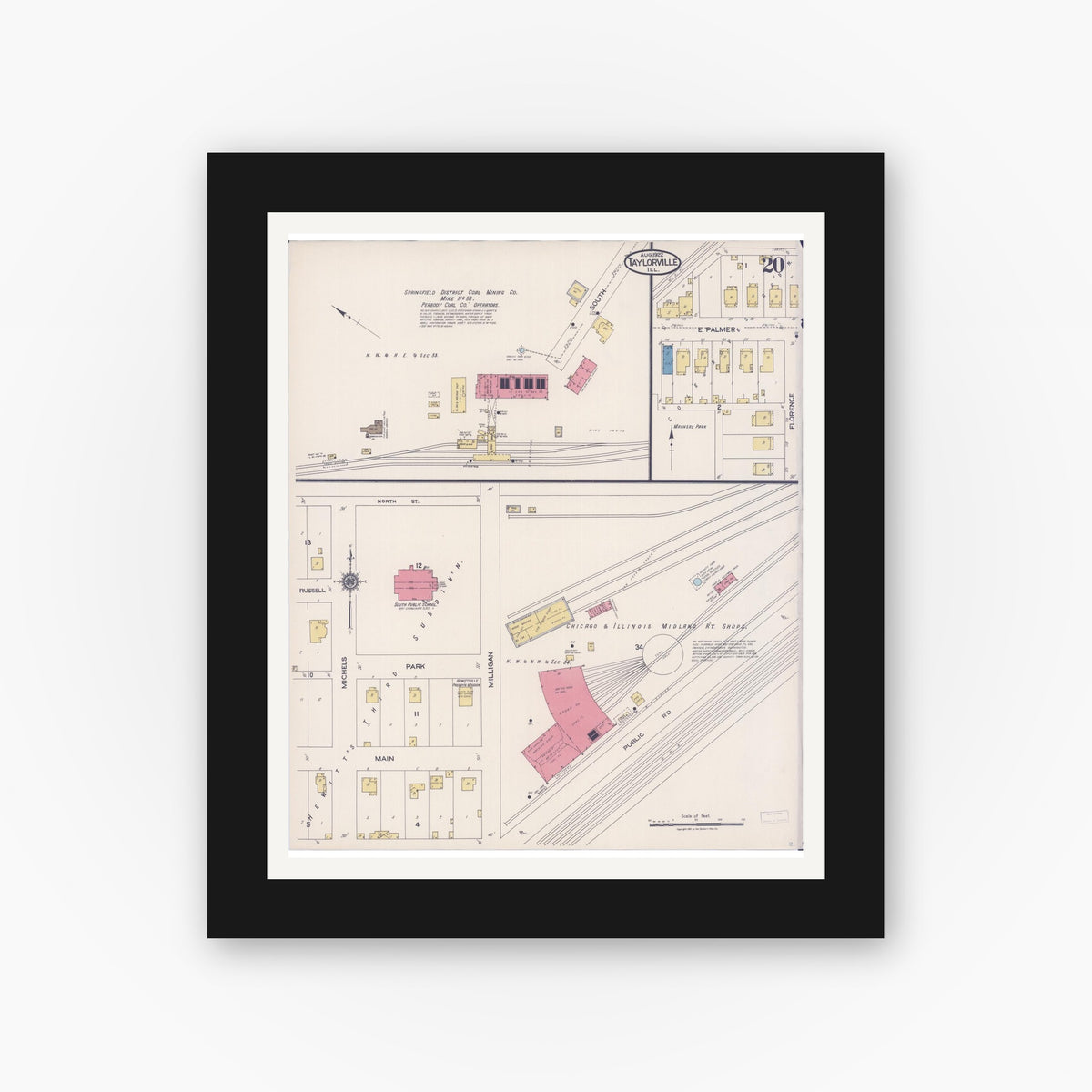 Old map wall art mockup — black gallery frame with white mat — Sanborn Fire Insurance Map from Taylorville, Christian County, Illinois (1922), Sheet #0020