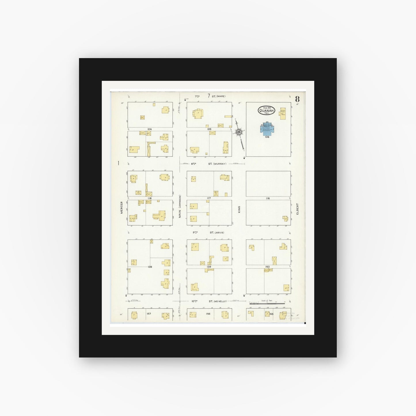 Old map wall art mockup — black gallery frame with white mat — Sanborn Fire Insurance Map from Quanah, Hardeman County, Texas (1915), Sheet #0008