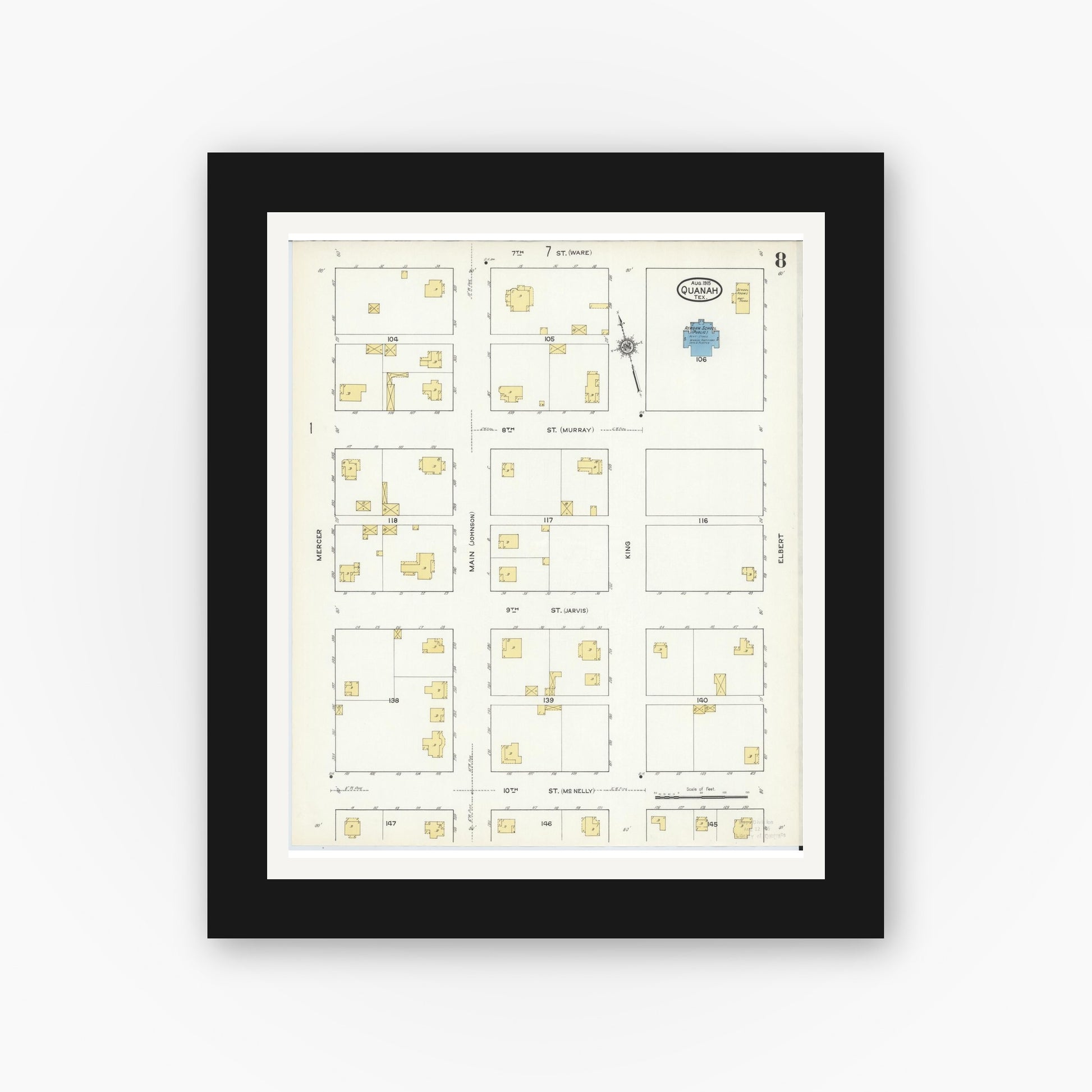 Old map wall art mockup — black gallery frame with white mat — Sanborn Fire Insurance Map from Quanah, Hardeman County, Texas (1915), Sheet #0008
