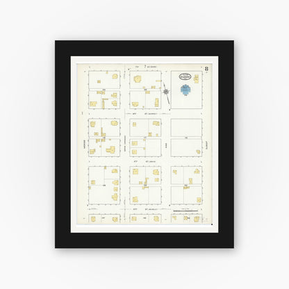Old map wall art mockup — black gallery frame with white mat — Sanborn Fire Insurance Map from Quanah, Hardeman County, Texas (1915), Sheet #0008