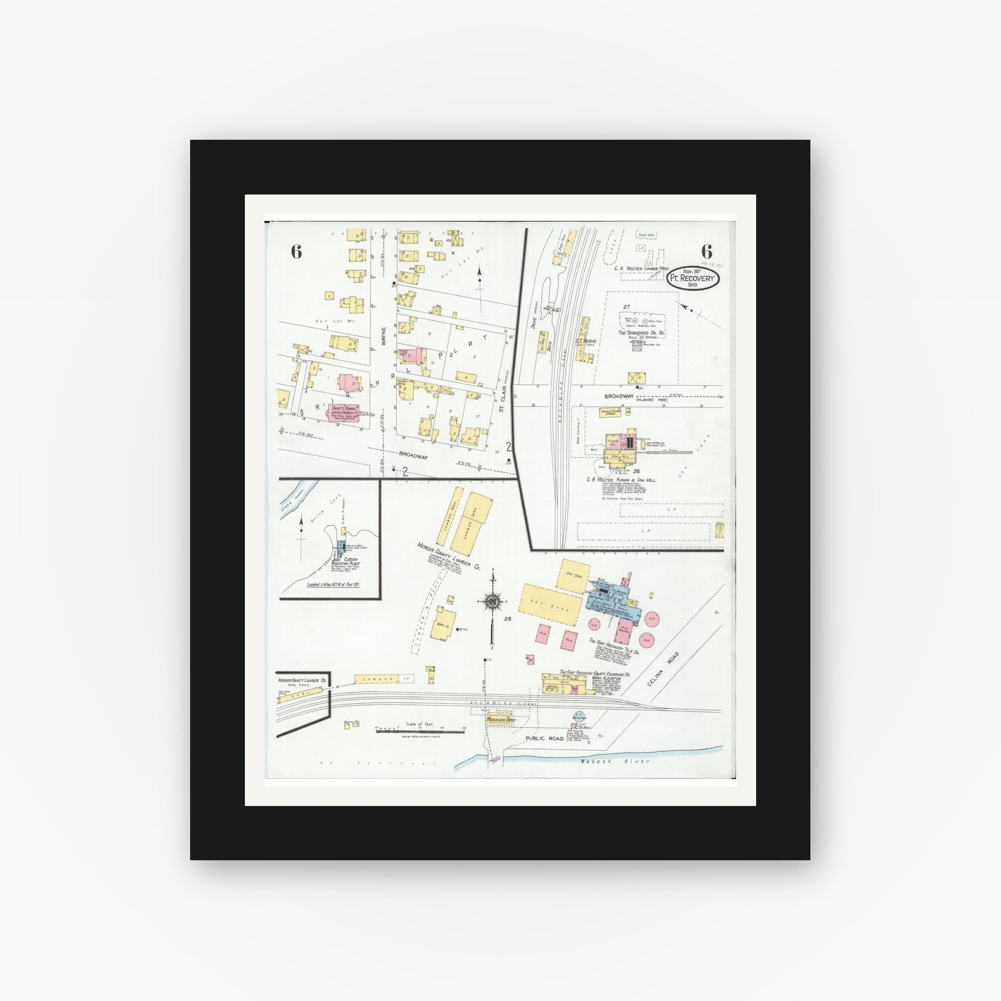 Old map wall art mockup — black gallery frame with white mat — Sanborn Fire Insurance Map from Fort Recovery, Mercer County, Ohio (1927), Sheet #0006
