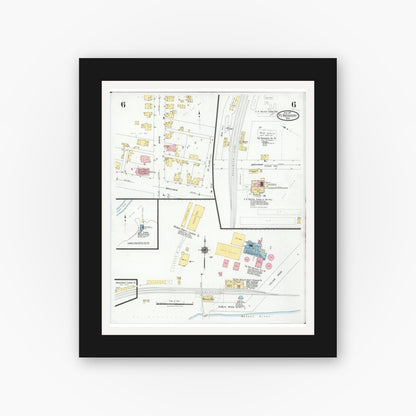 Old map wall art mockup — black gallery frame with white mat — Sanborn Fire Insurance Map from Fort Recovery, Mercer County, Ohio (1927), Sheet #0006