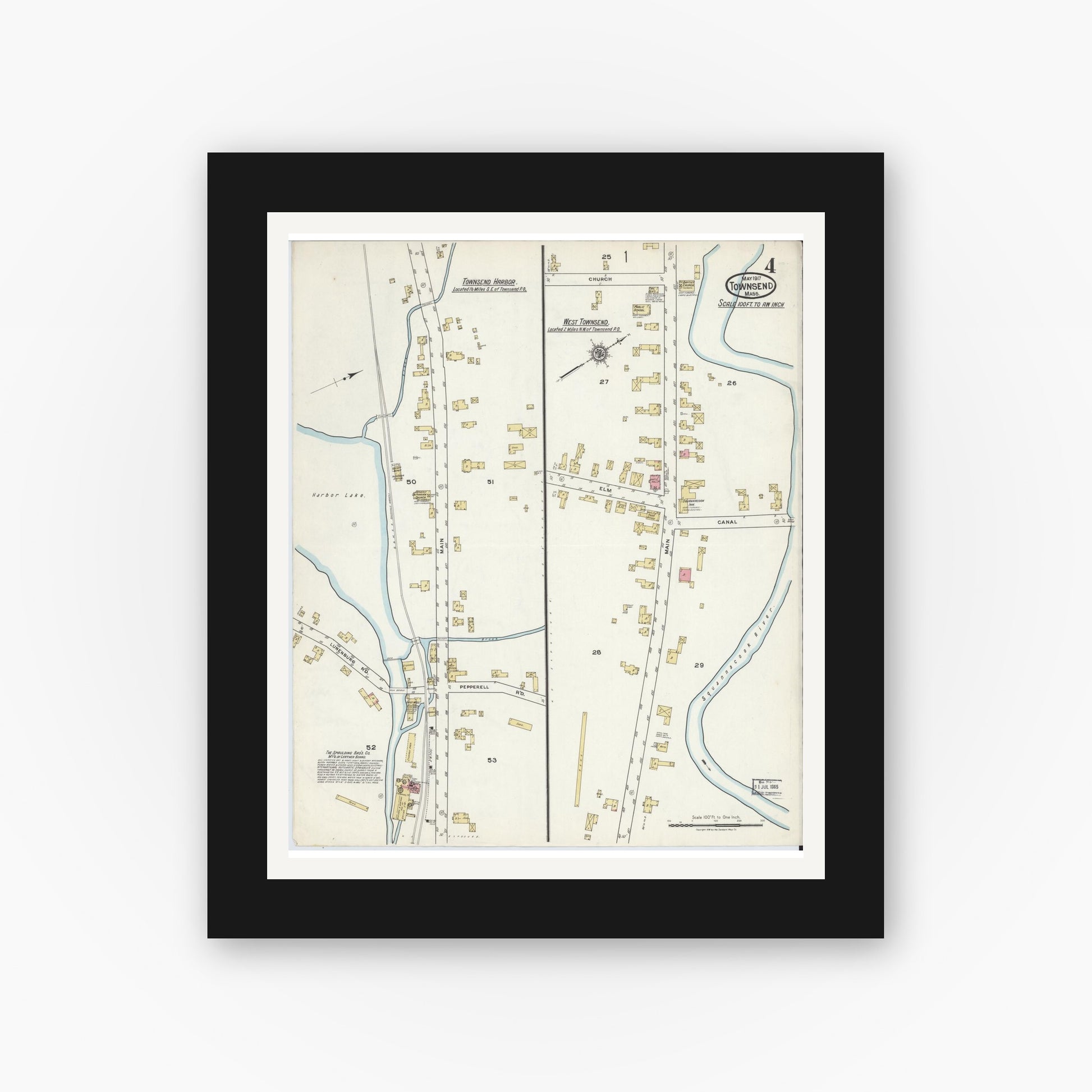Old map wall art mockup — black gallery frame with white mat — Sanborn Fire Insurance Map from Townsend, Middlesex County, Massachusetts (1917), Sheet #0004