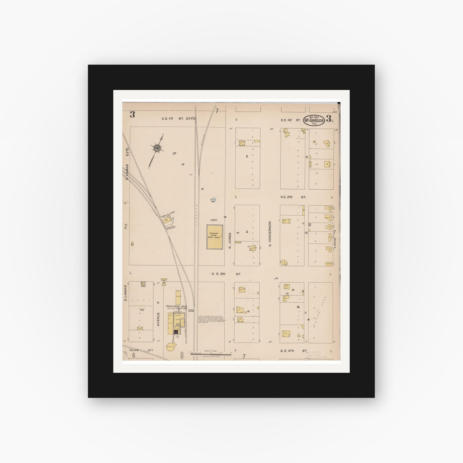 Old map wall art mockup — black gallery frame with white mat — Sanborn Fire Insurance Map from McGregor, McLennan County, Texas (1922), Sheet #0003