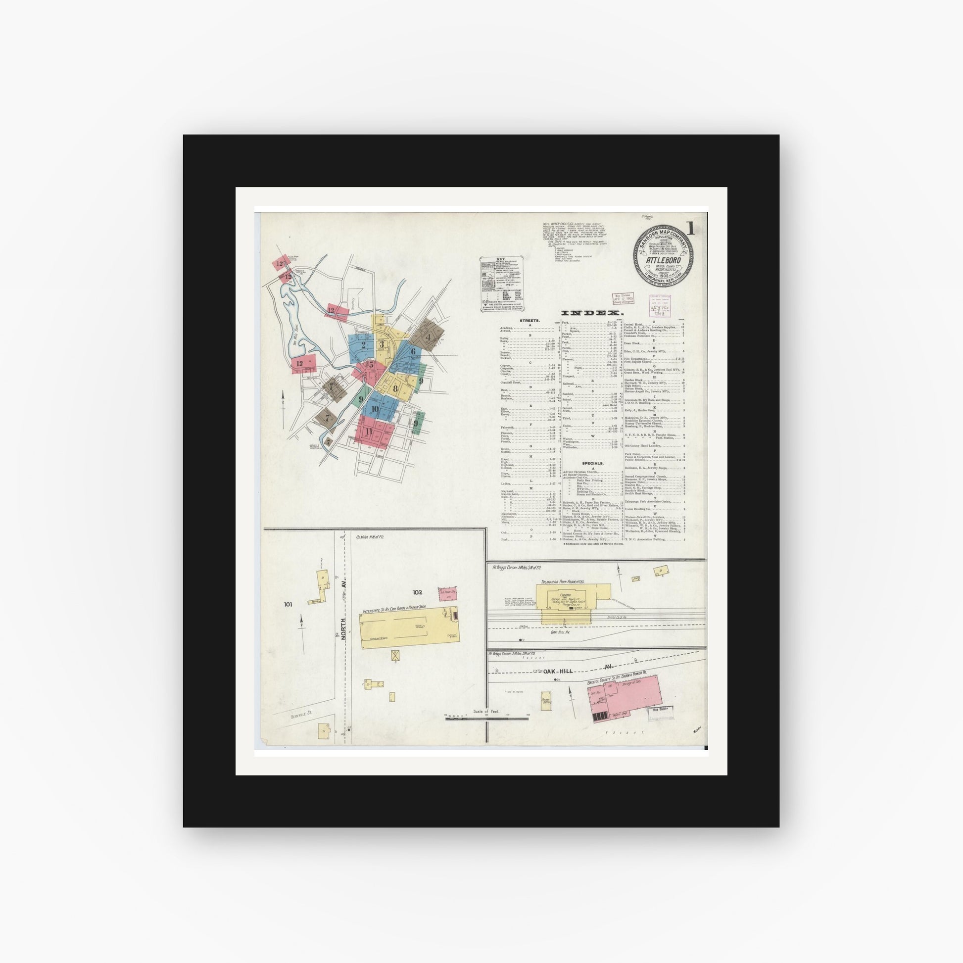 Old map wall art mockup — black gallery frame with white mat — Sanborn Fire Insurance Map from Attleboro, Bristol County, Massachusetts (1905) - Complete Map Set
