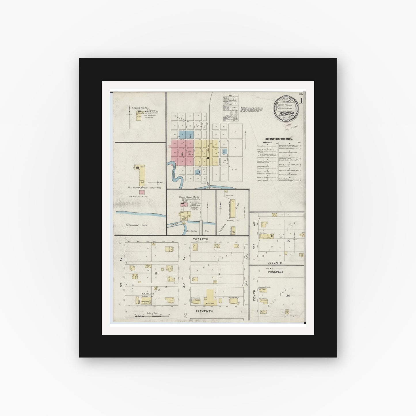 Old map wall art mockup — black gallery frame with white mat — Sanborn Fire Insurance Map from Windom, Cottonwood County, Minnesota (1894) - Complete Map Set