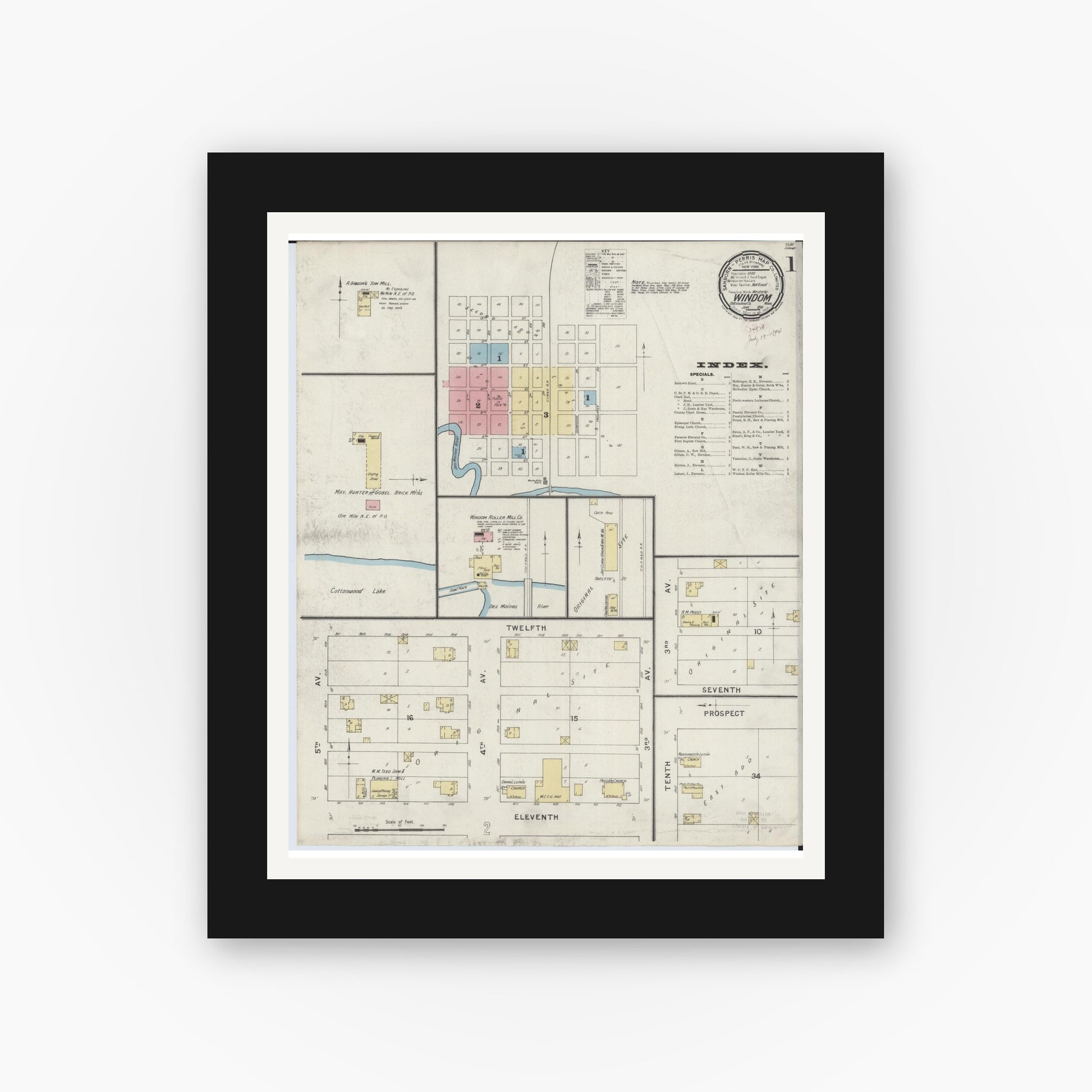 Old map wall art mockup — black gallery frame with white mat — Sanborn Fire Insurance Map from Windom, Cottonwood County, Minnesota (1894) - Complete Map Set