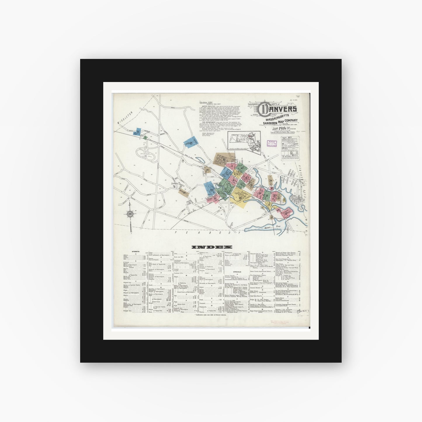 Old map wall art mockup — black gallery frame with white mat — Sanborn Fire Insurance Map from Danvers, Essex County, Massachusetts (1916) - Complete Map Set