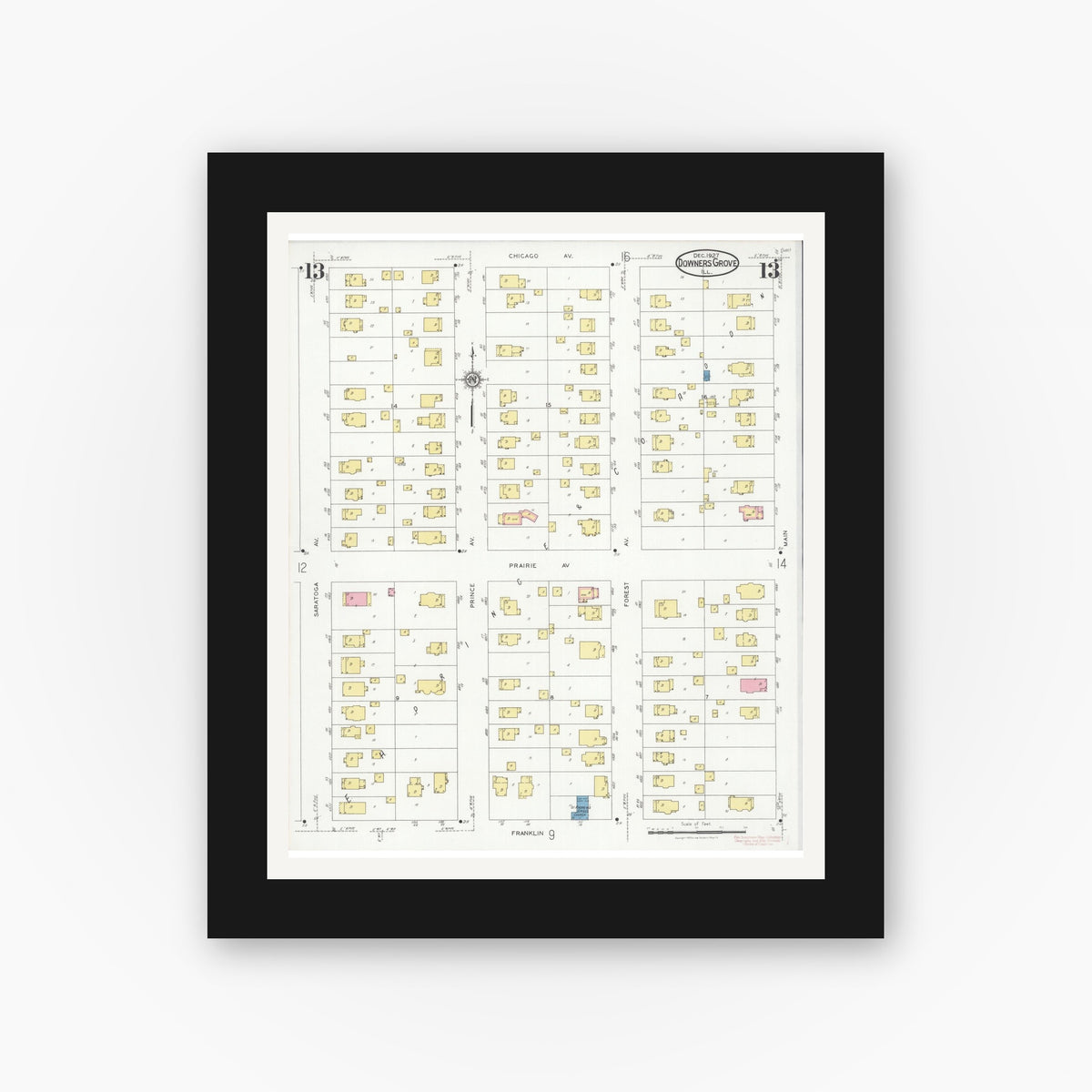 Old map wall art mockup — black gallery frame with white mat — Sanborn Fire Insurance Map from Downers Grove, Dupage County, Illinois (1927), Sheet #0013