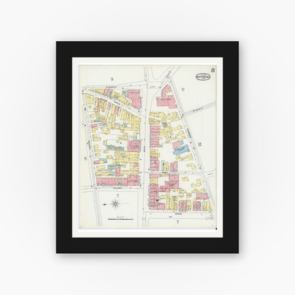 Old map wall art mockup — black gallery frame with white mat — Sanborn Fire Insurance Map from North Adams, Berkshire County, Massachusetts (1897), Sheet #0008