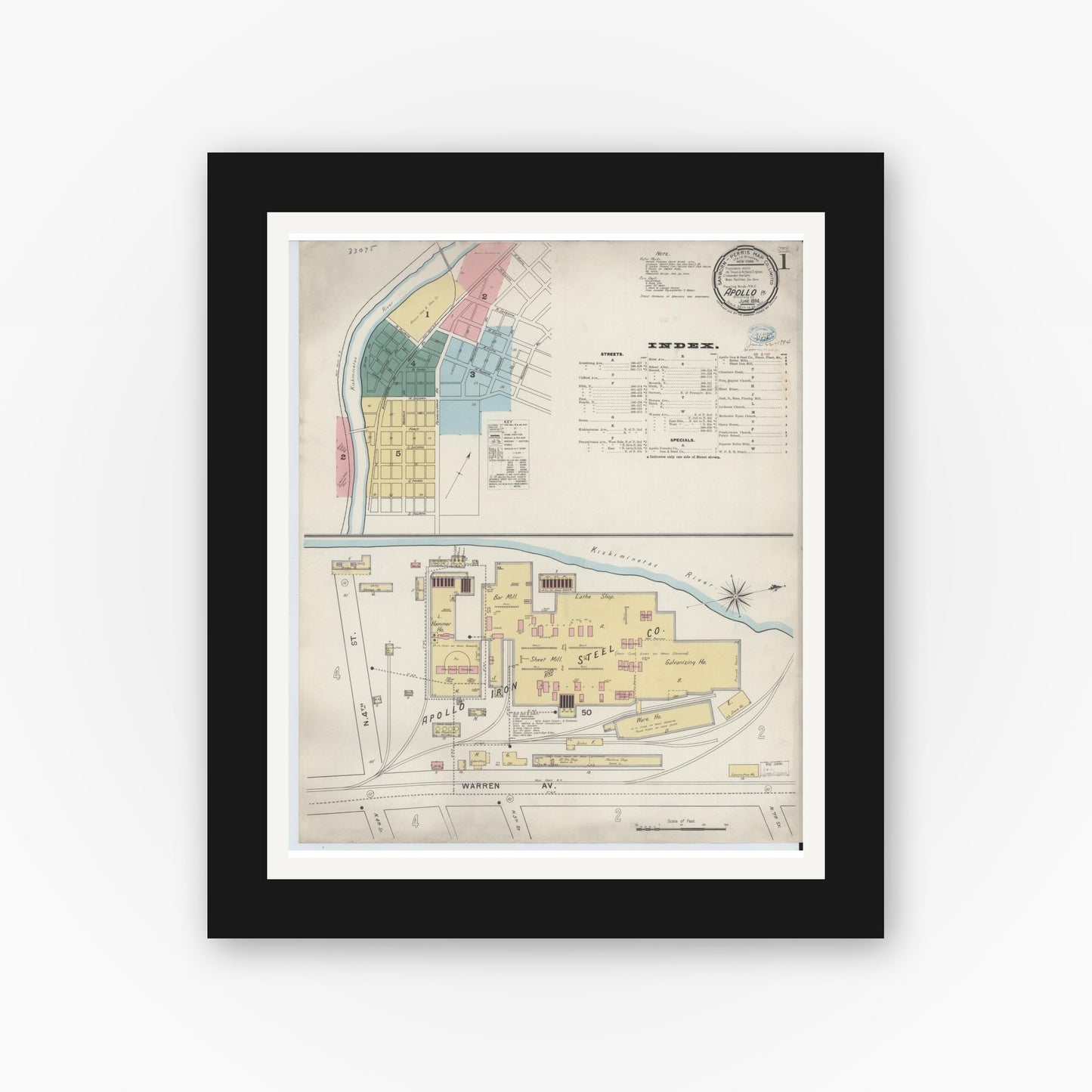 Old map wall art mockup — black gallery frame with white mat — Sanborn Fire Insurance Map from Apollo, Armstrong County, Pennsylvania (1894), Sheet #0001