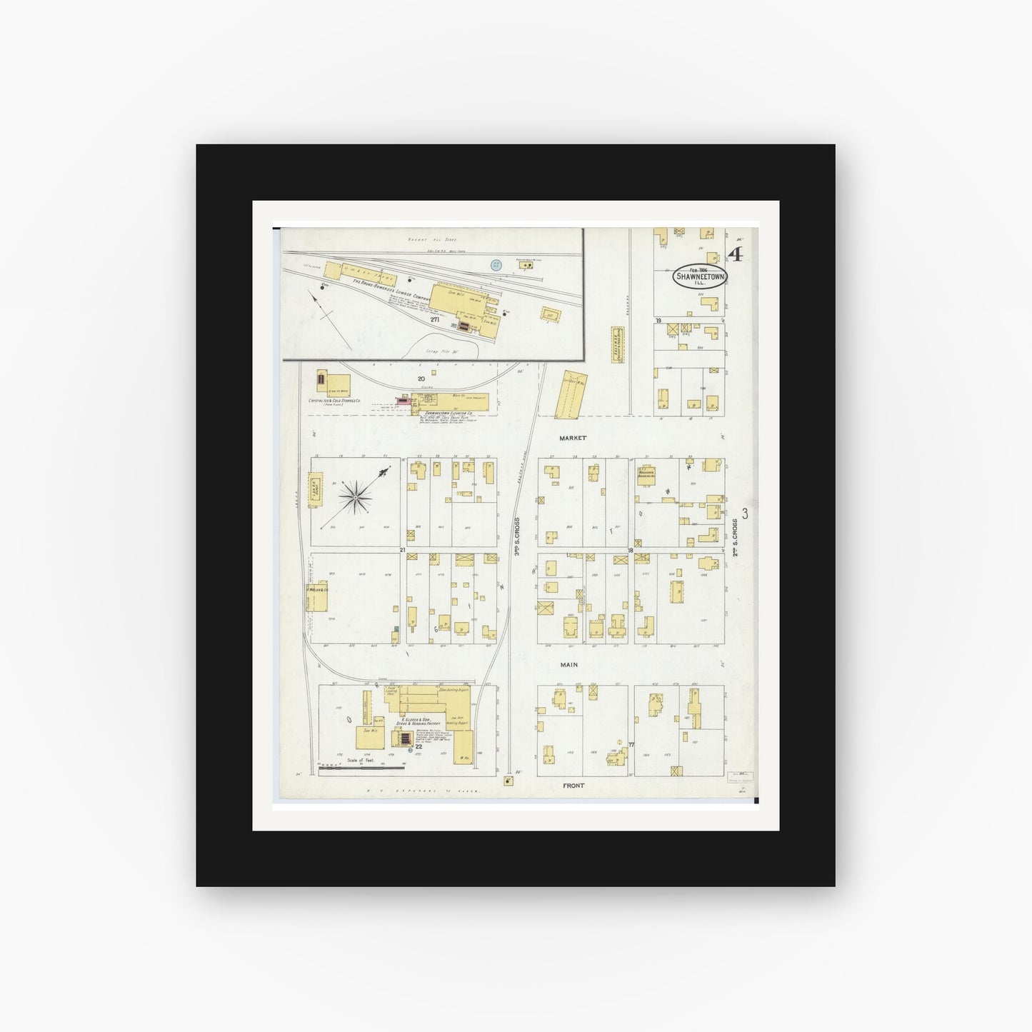 Old map wall art mockup — black gallery frame with white mat — Sanborn Fire Insurance Map from Shawneetown, Gallatin County, Illinois (1906), Sheet #0004