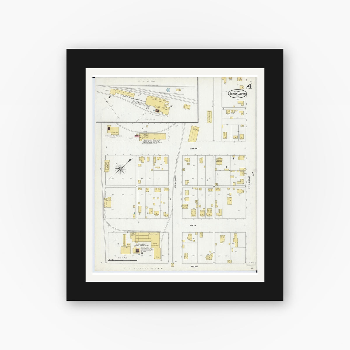 Old map wall art mockup — black gallery frame with white mat — Sanborn Fire Insurance Map from Shawneetown, Gallatin County, Illinois (1906), Sheet #0004