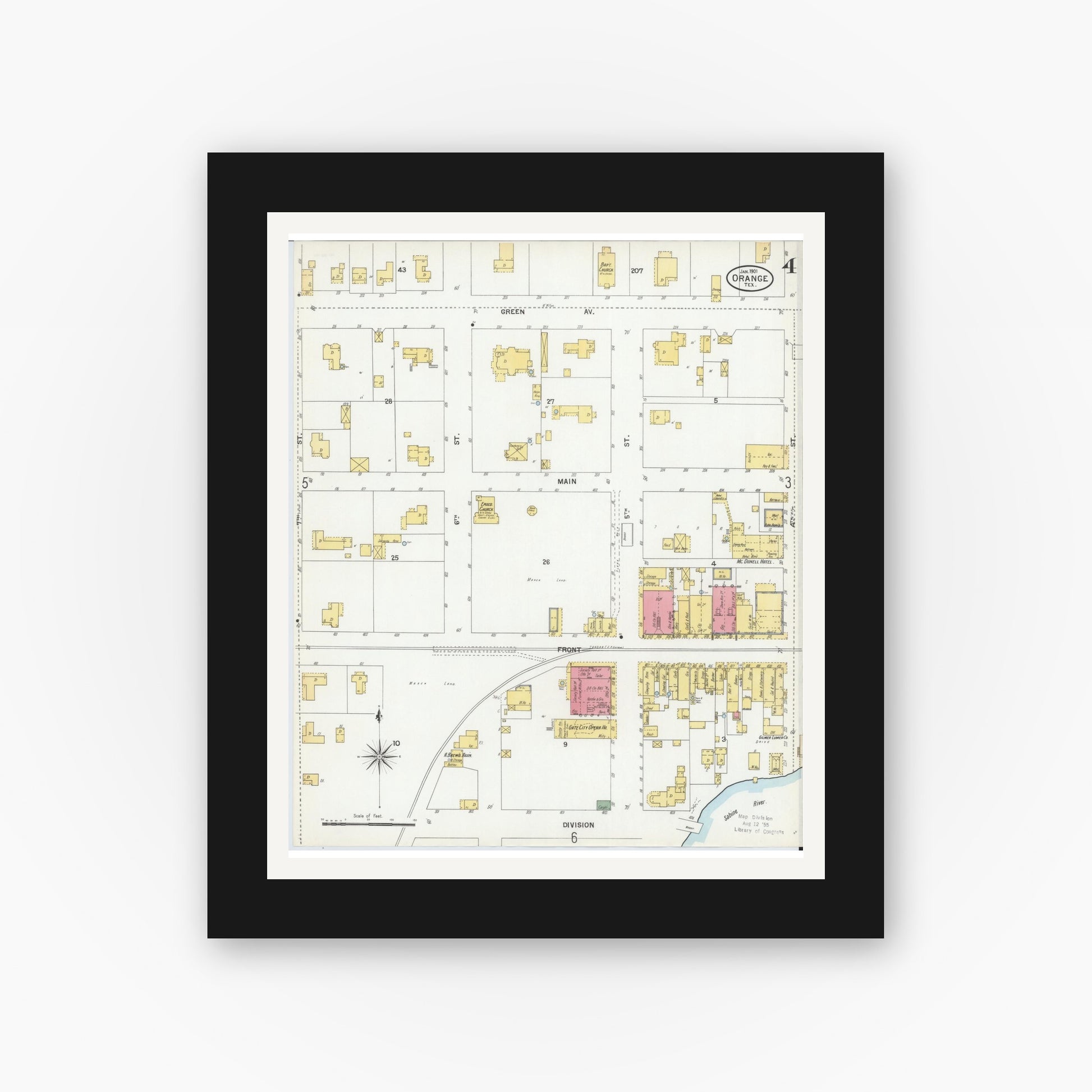 Old map wall art mockup — black gallery frame with white mat — Sanborn Fire Insurance Map from Orange, Orange County, Texas (1901), Sheet #0004