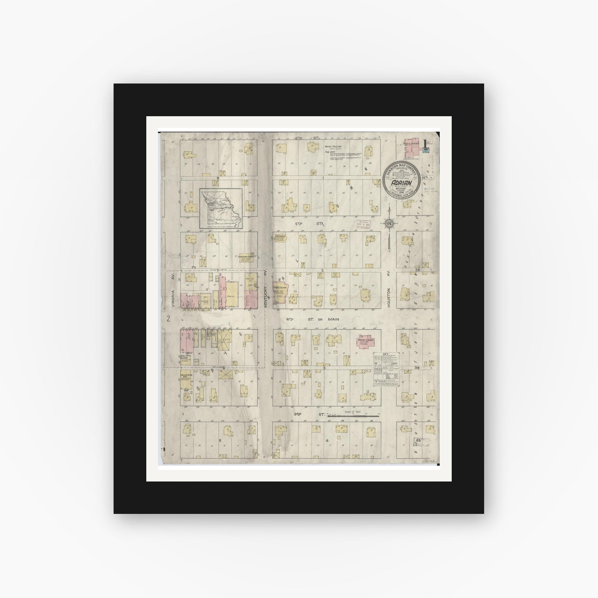 Old map wall art mockup — black gallery frame with white mat — Sanborn Fire Insurance Map from Adrian, Bates County, Missouri (1914) - Complete Map Set