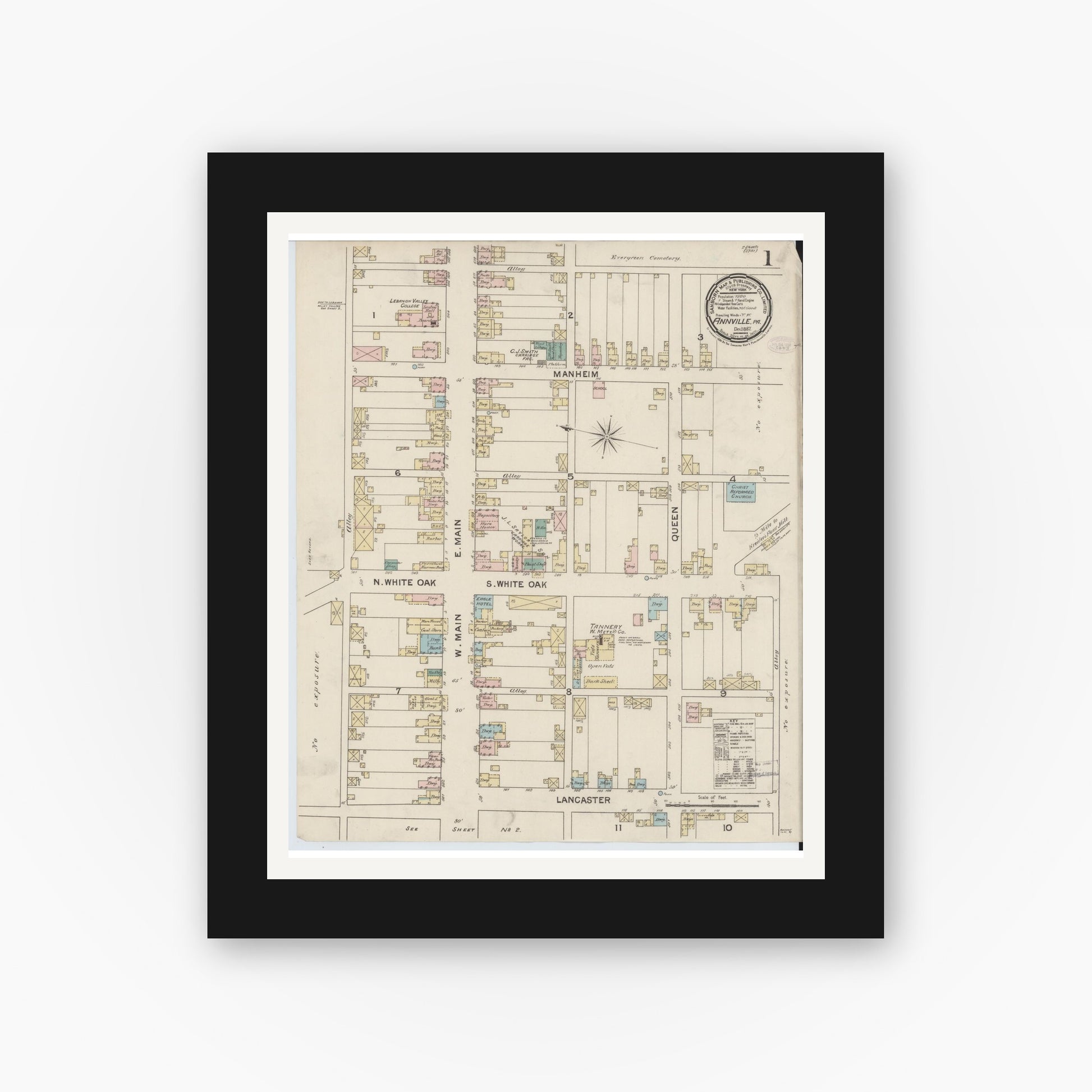 Old map wall art mockup — black gallery frame with white mat — Sanborn Fire Insurance Map from Annville, Lebanon County, Pennsylvania (1887) - Complete Map Set