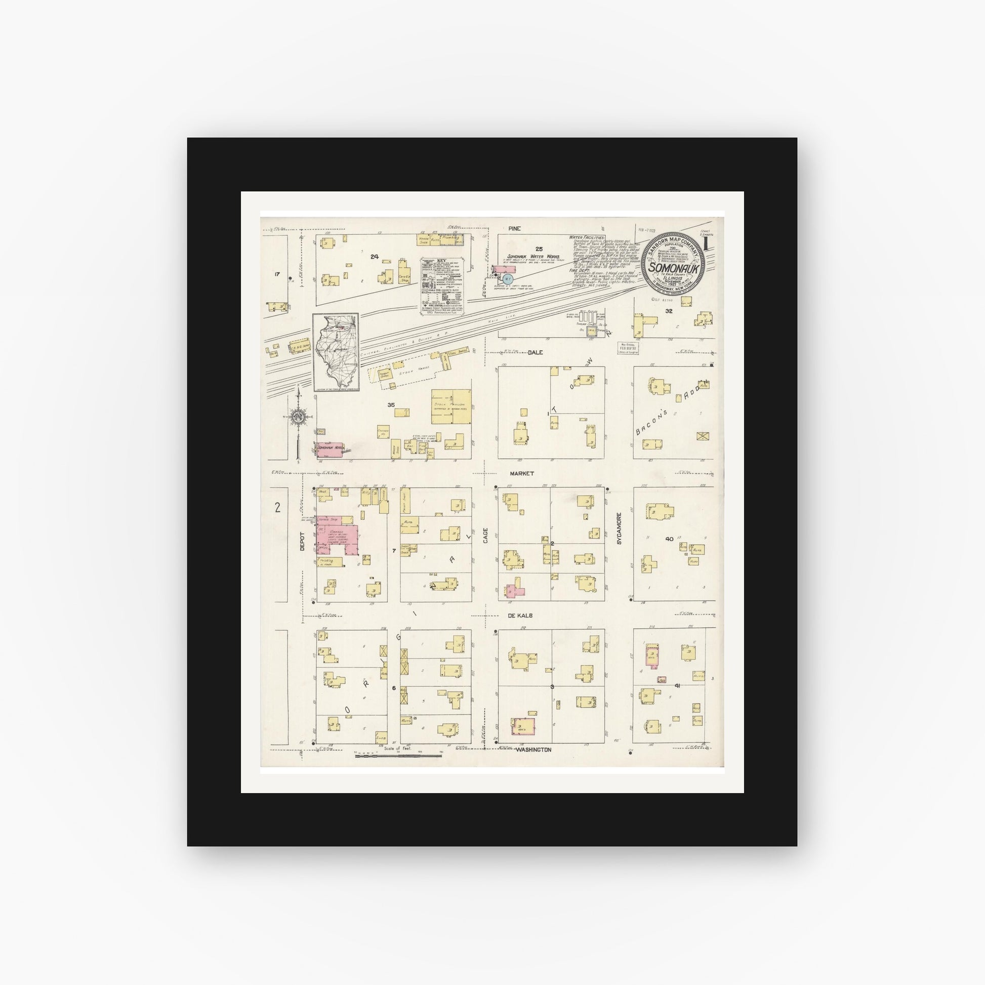 Old map wall art mockup — black gallery frame with white mat — Sanborn Fire Insurance Map from Somonauk, De Kalb County, Illinois (1921), Sheet #0001