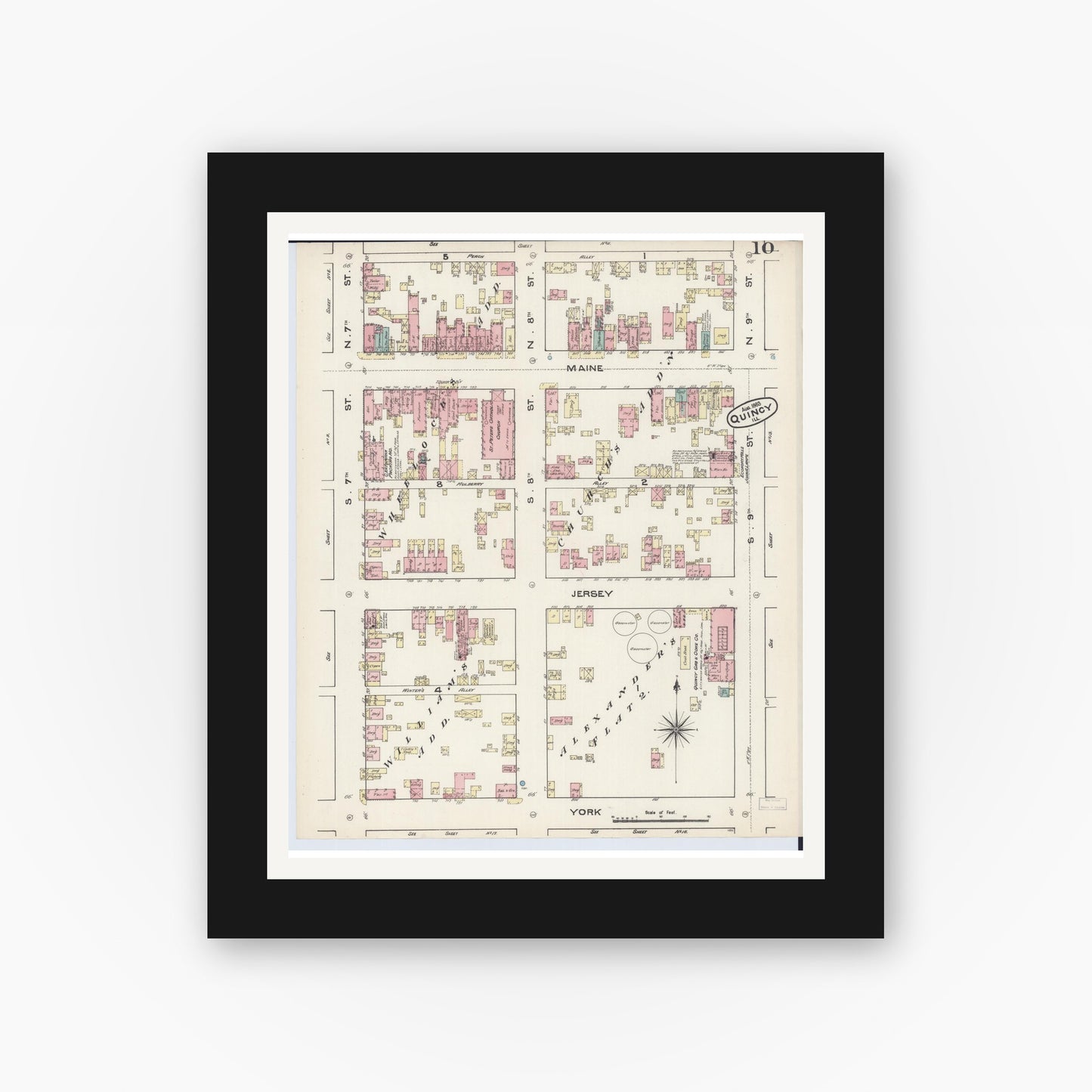 Old map wall art mockup — black gallery frame with white mat — Sanborn Fire Insurance Map from Quincy, Adams County, Illinois (1883), Sheet #0010