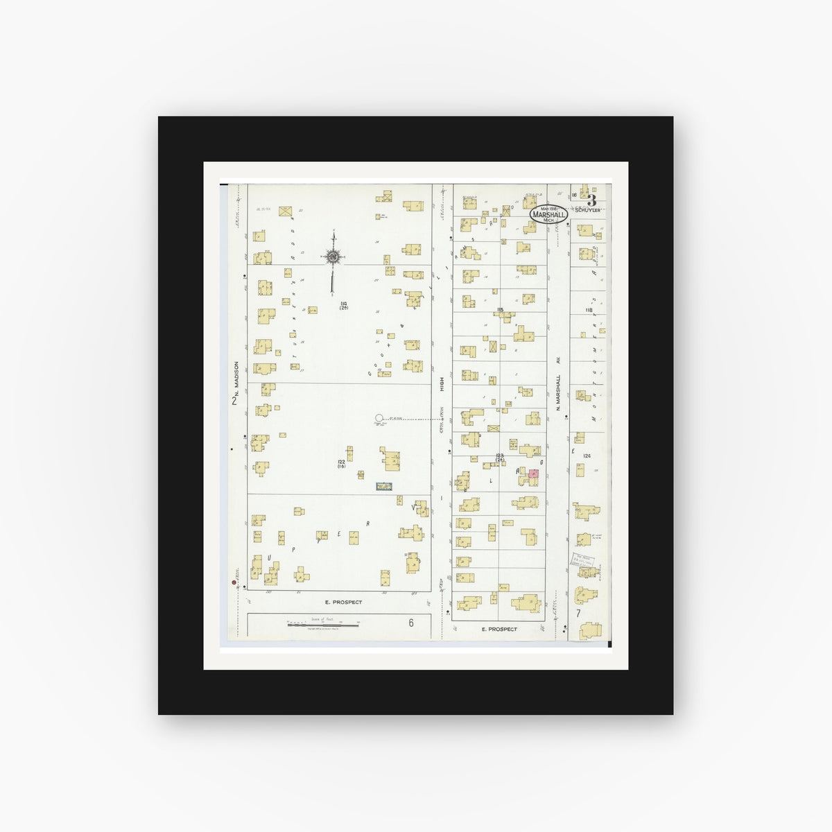 Old map wall art mockup — black gallery frame with white mat — Sanborn Fire Insurance Map from Marshall, Calhoun County, Michigan (1916), Sheet #0003