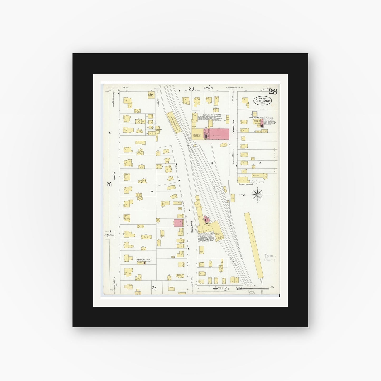Old map wall art mockup — black gallery frame with white mat — Sanborn Fire Insurance Map from Cortland, Cortland County, New York (1908), Sheet #0028