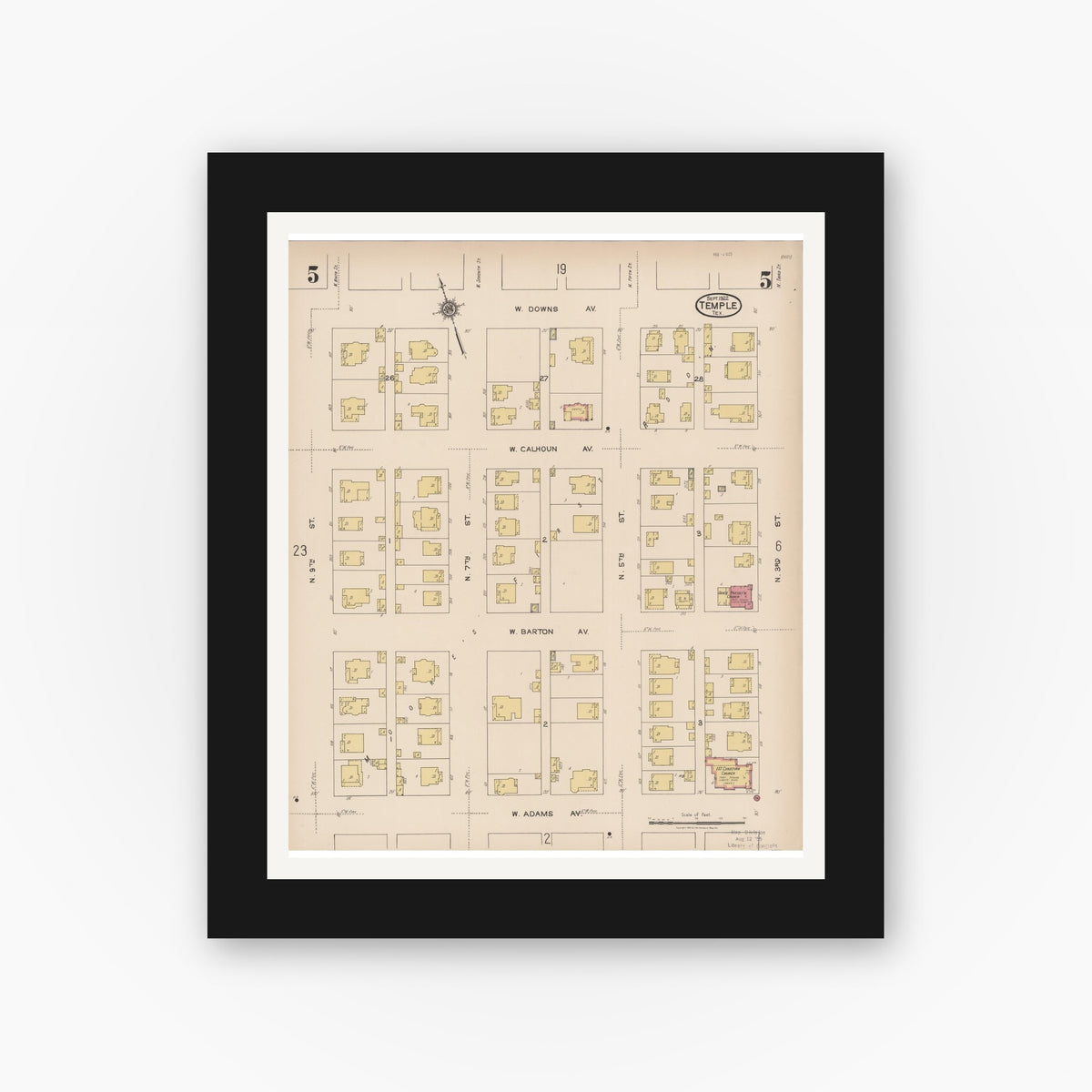 Old map wall art mockup — black gallery frame with white mat — Sanborn Fire Insurance Map from Temple, Bell County, Texas (1922), Sheet #0005
