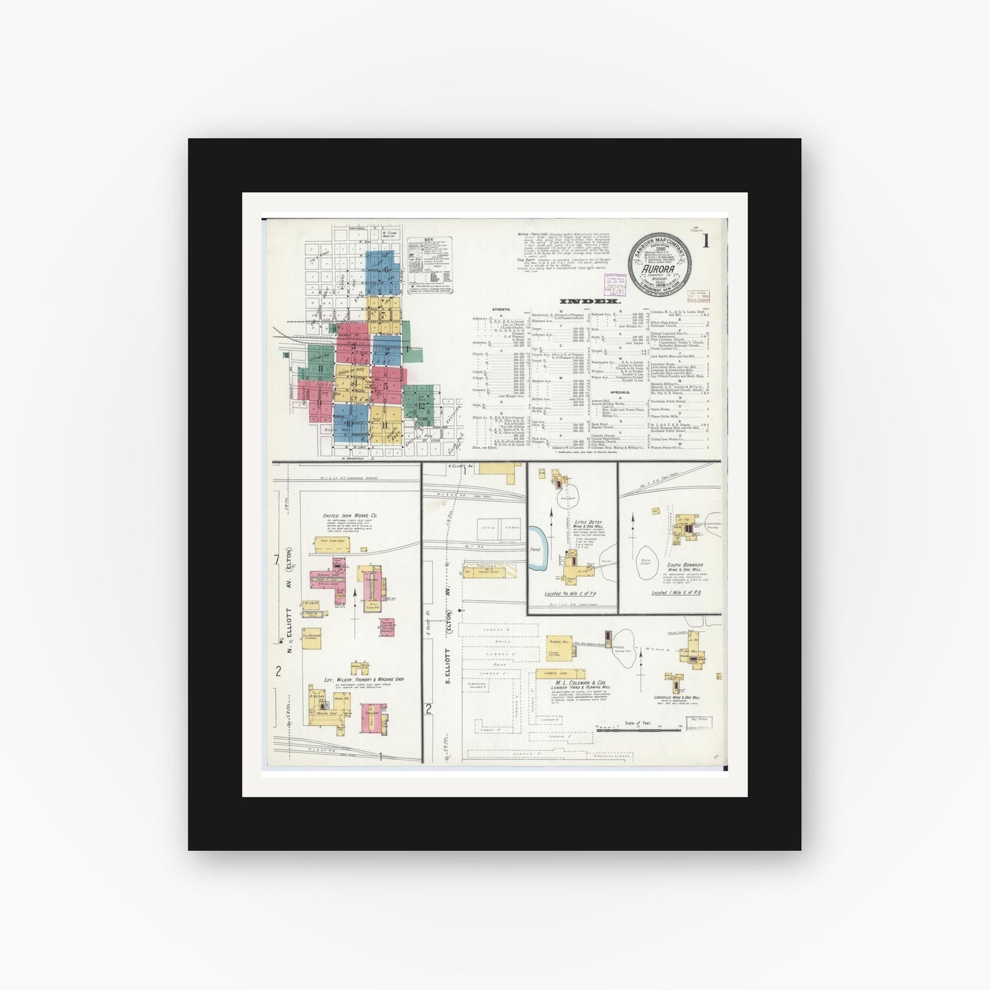 Old map wall art mockup — black gallery frame with white mat — Sanborn Fire Insurance Map from Aurora, Lawrence County, Missouri (1908) - Complete Map Set