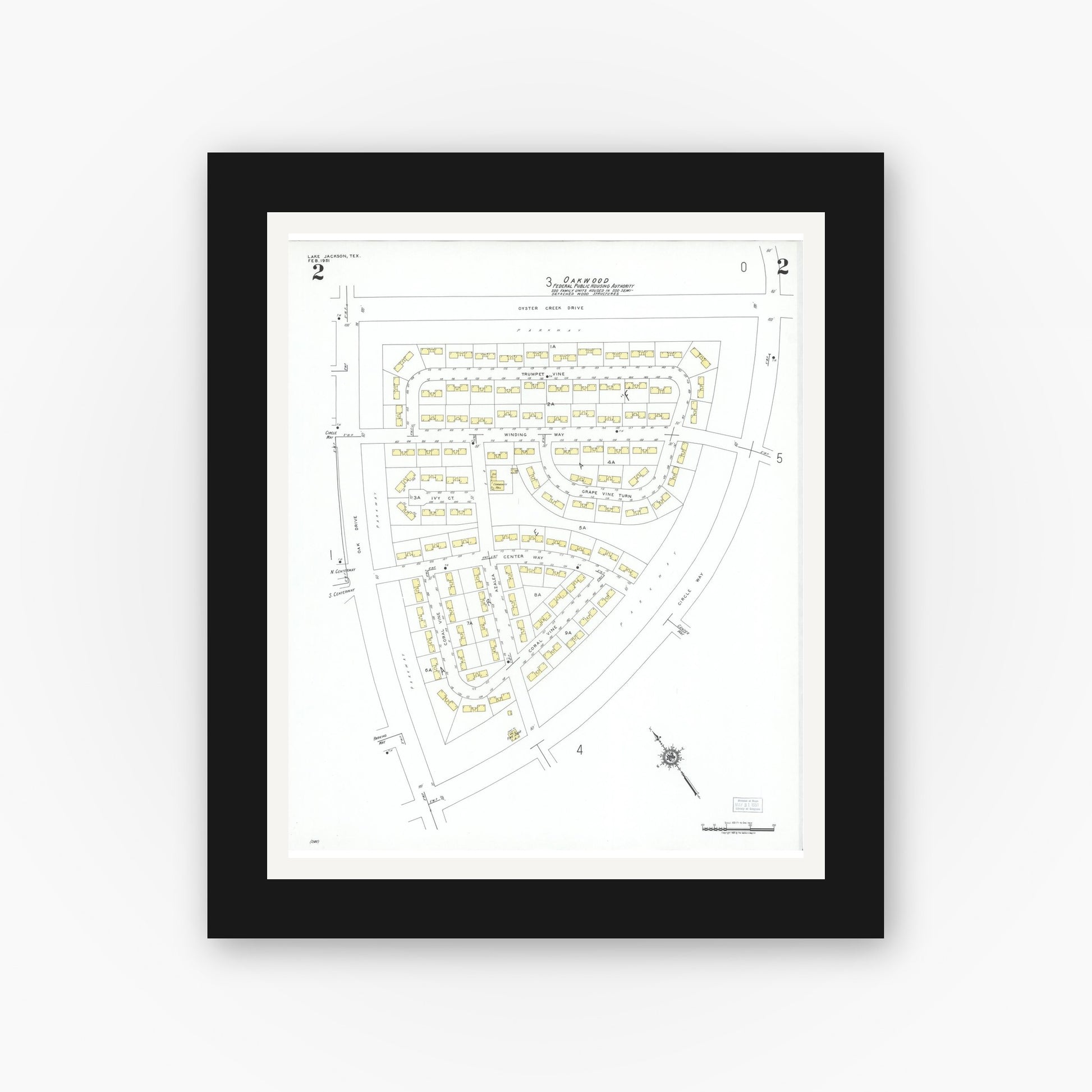 Old map wall art mockup — black gallery frame with white mat — Sanborn Fire Insurance Map from Lake Jackson, Brazoria County, Texas (1951), Sheet #0002